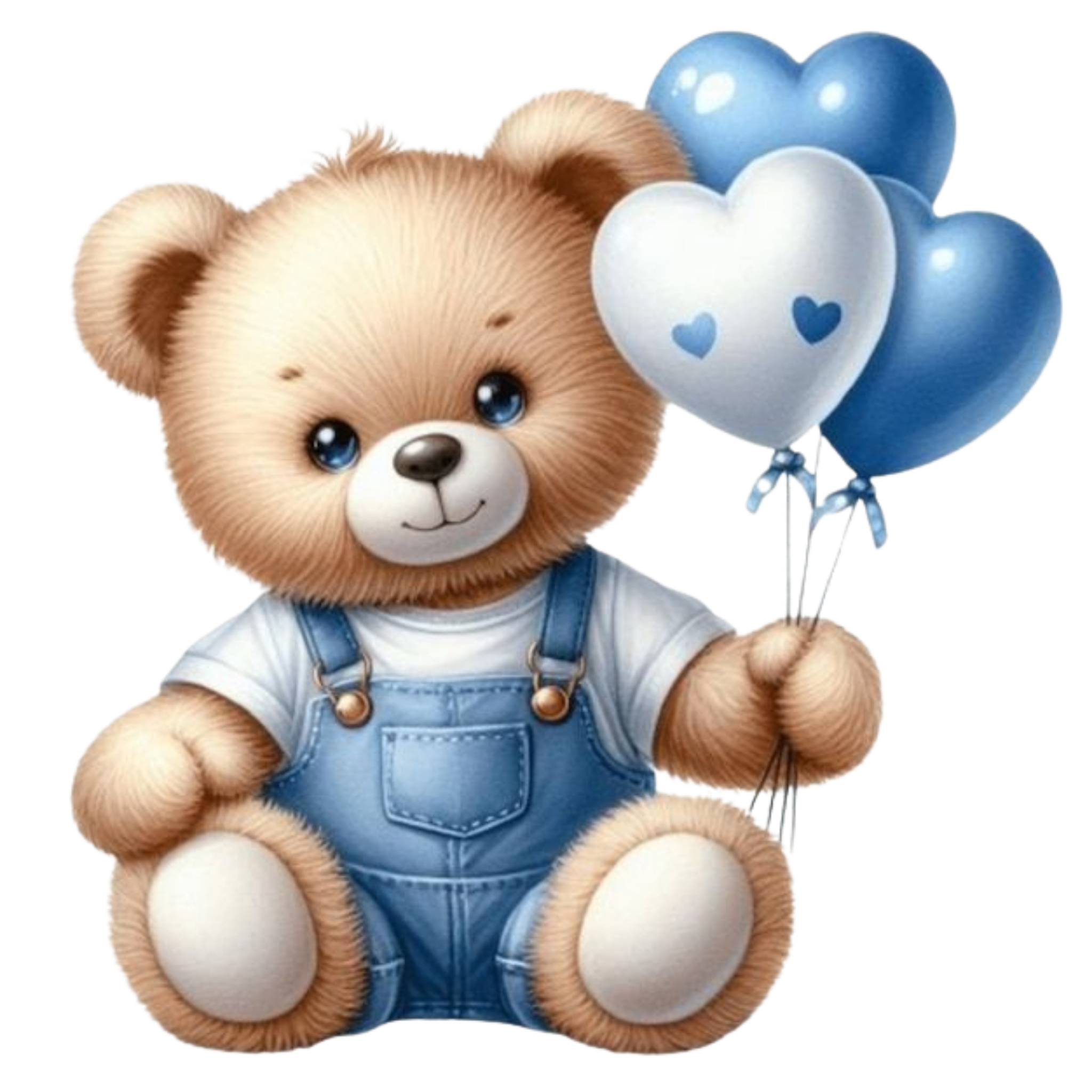 Cute teddy bear holding blue heart balloons