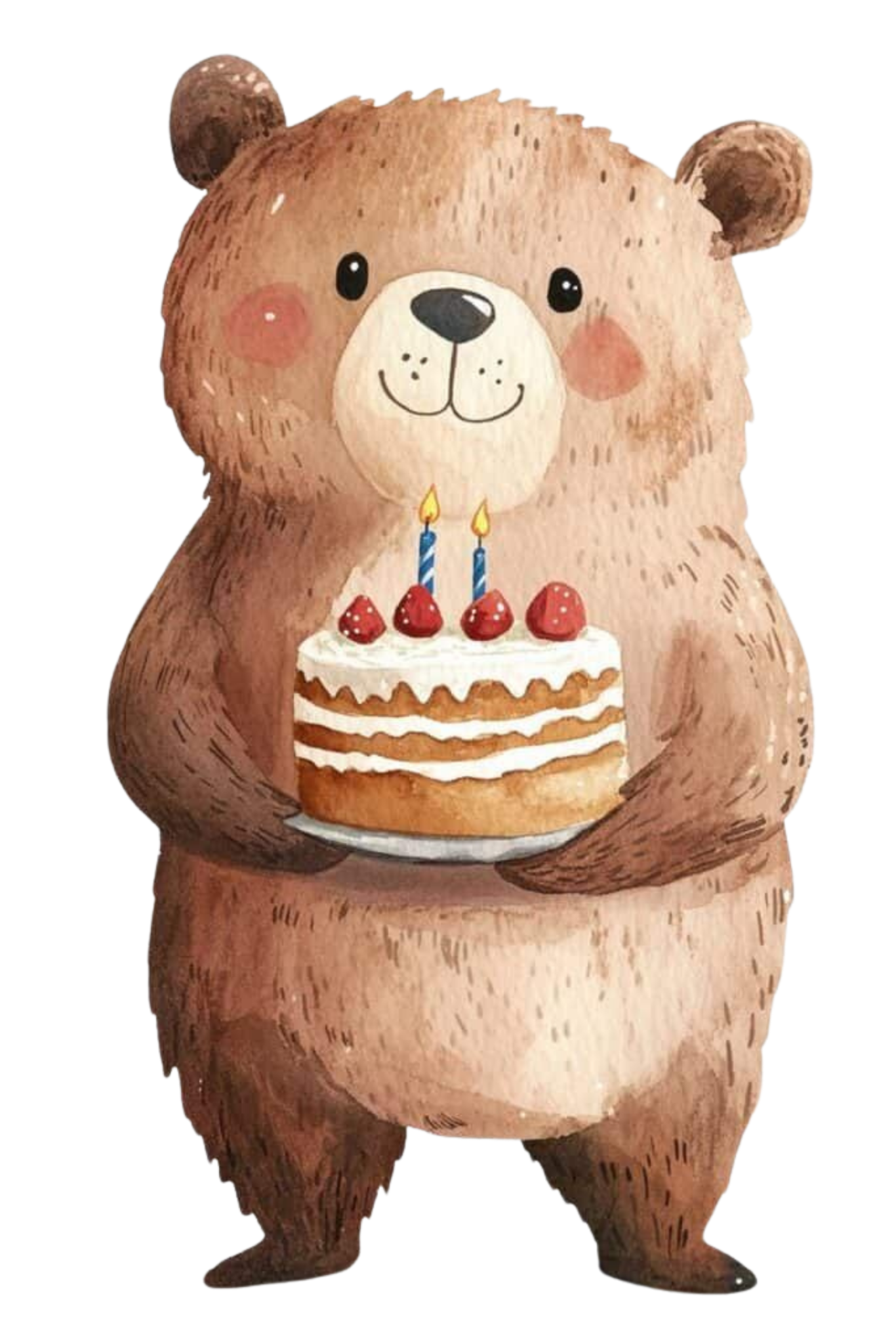 Watercolor teddy bear holding birthday cake