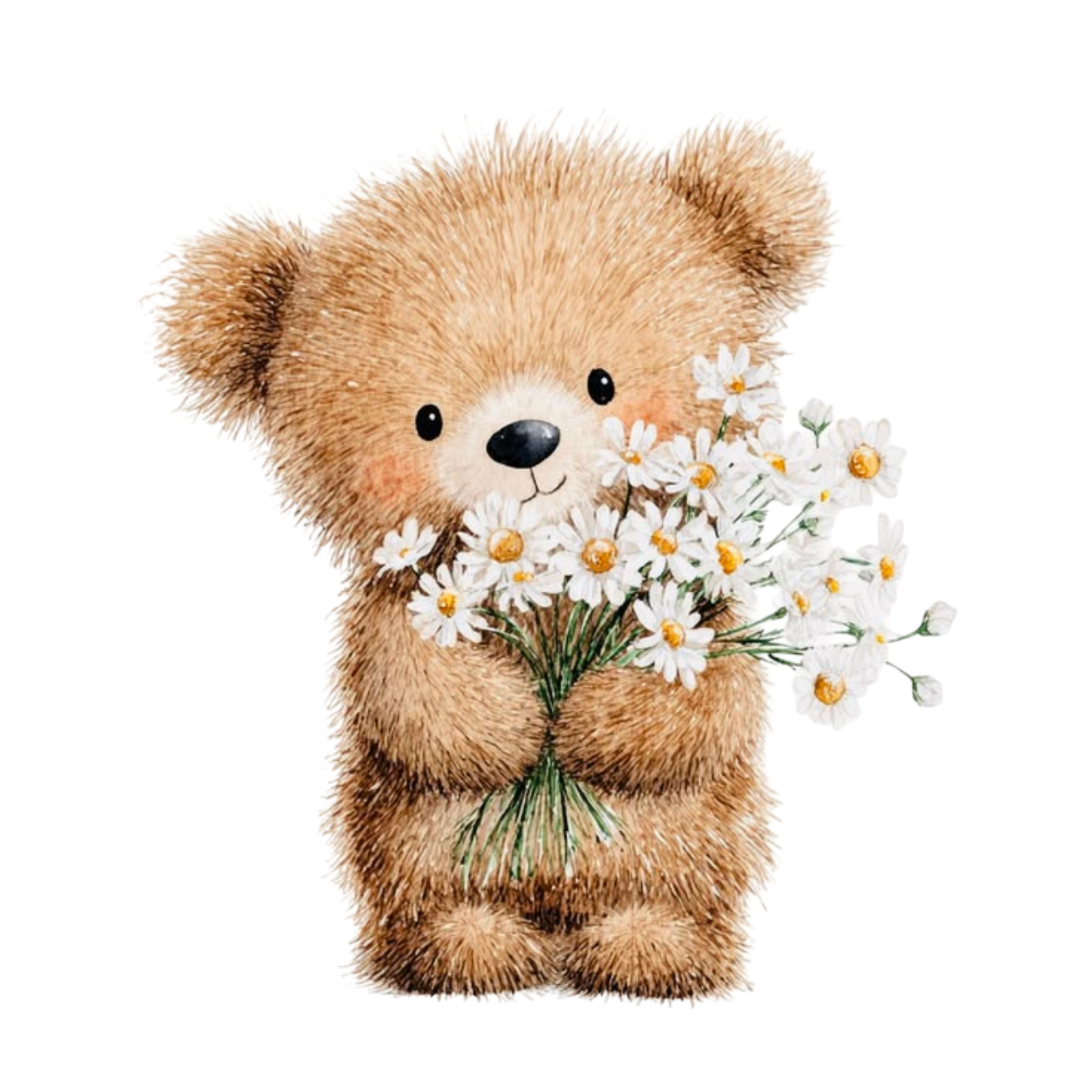 Cute teddy bear holding daisies