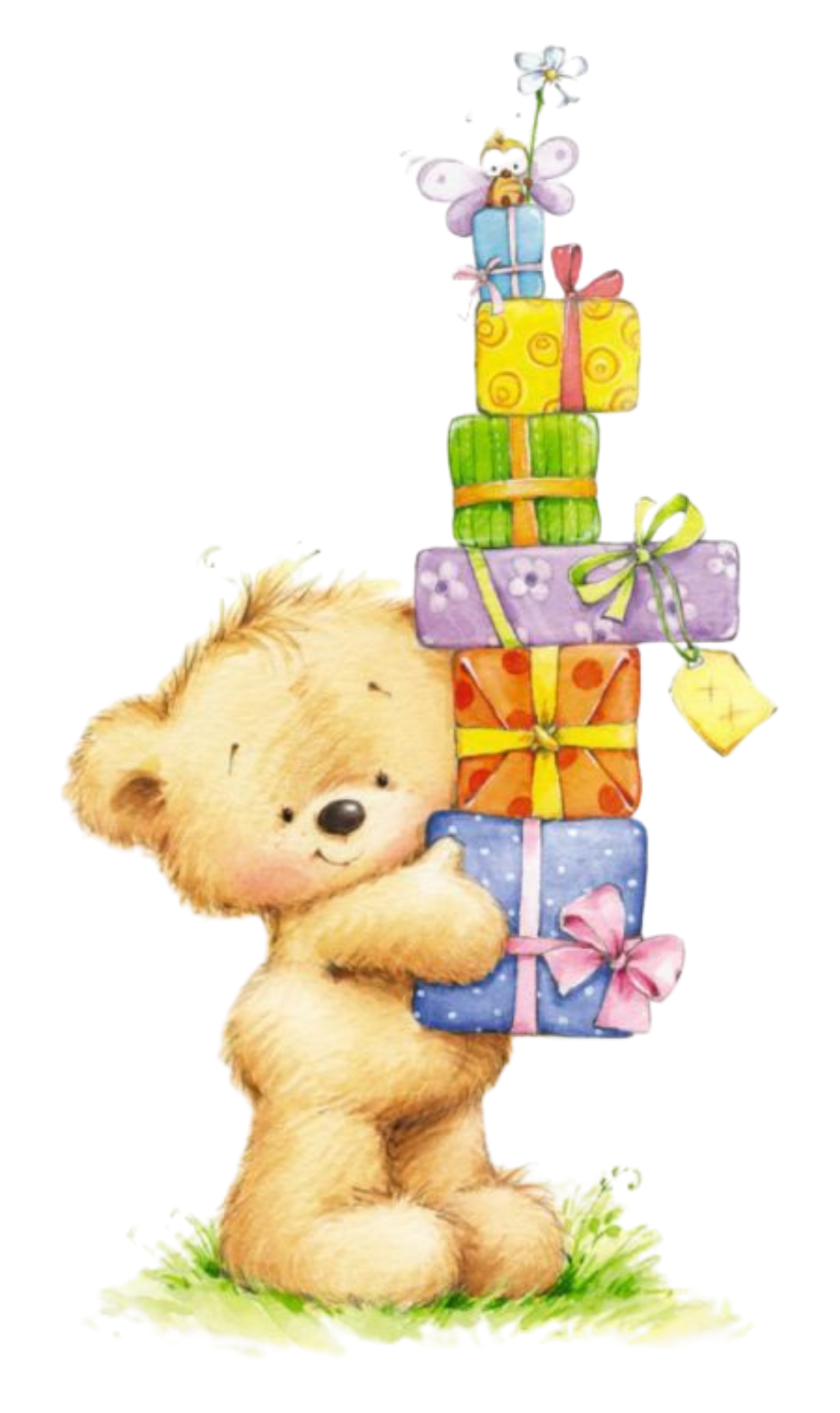 Cute teddy bear carrying a stack of wrapped gifts