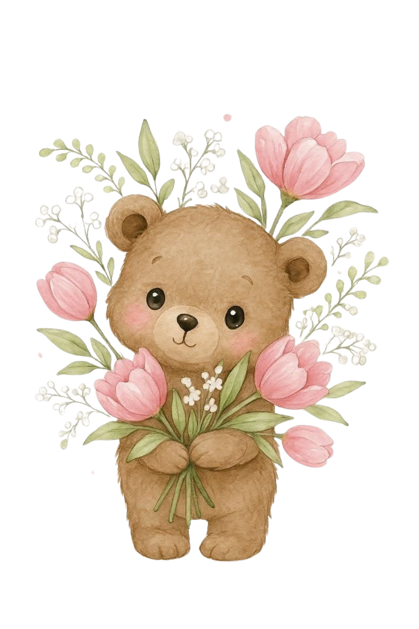 Cute teddy bear holding pink flowers